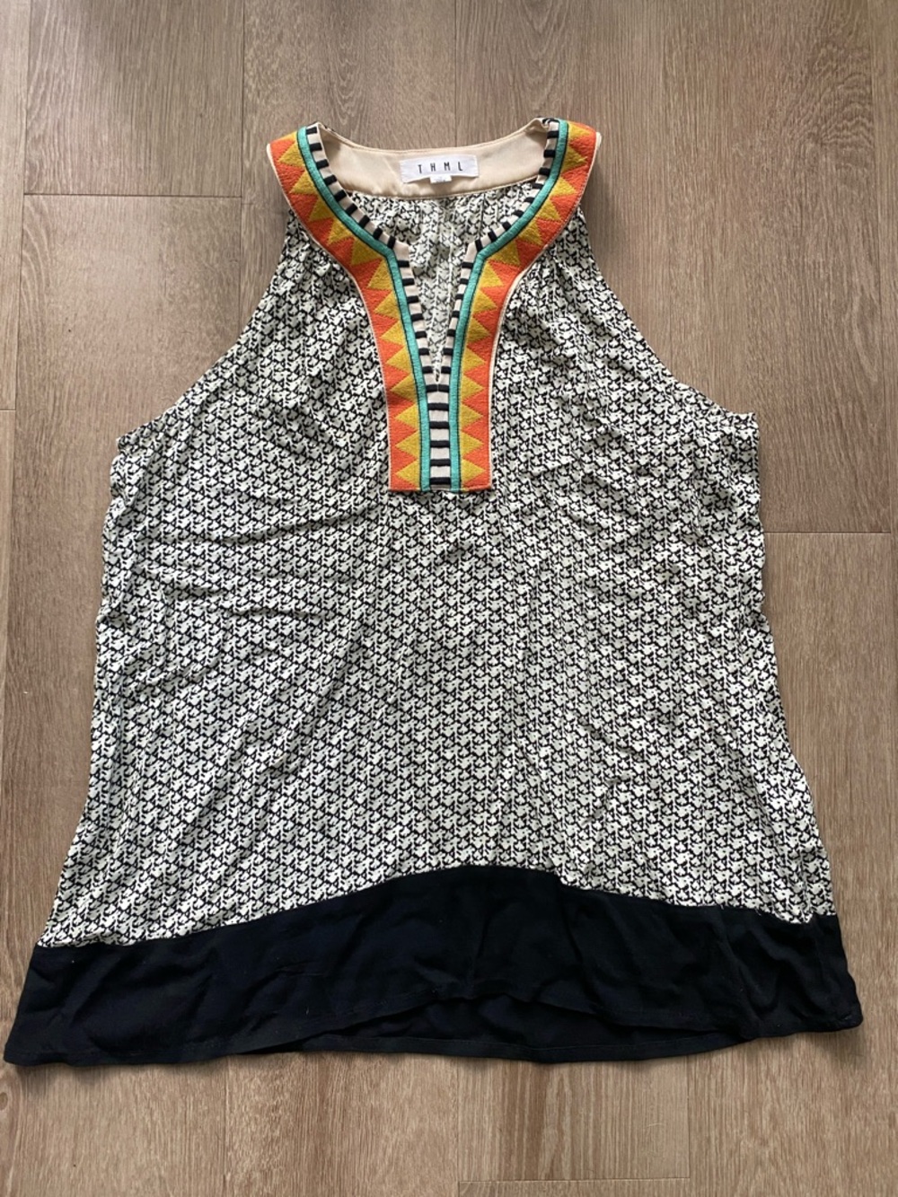 THML Black & White Printed Tank with Colorful Embroidered Neckline